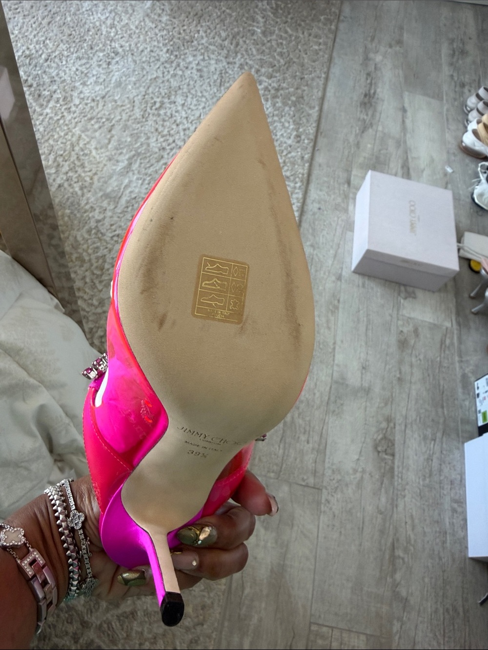 Jimmy Choo Fuchsia Patent Slingback Heels with Crystal Strap - Picture 3 of 4